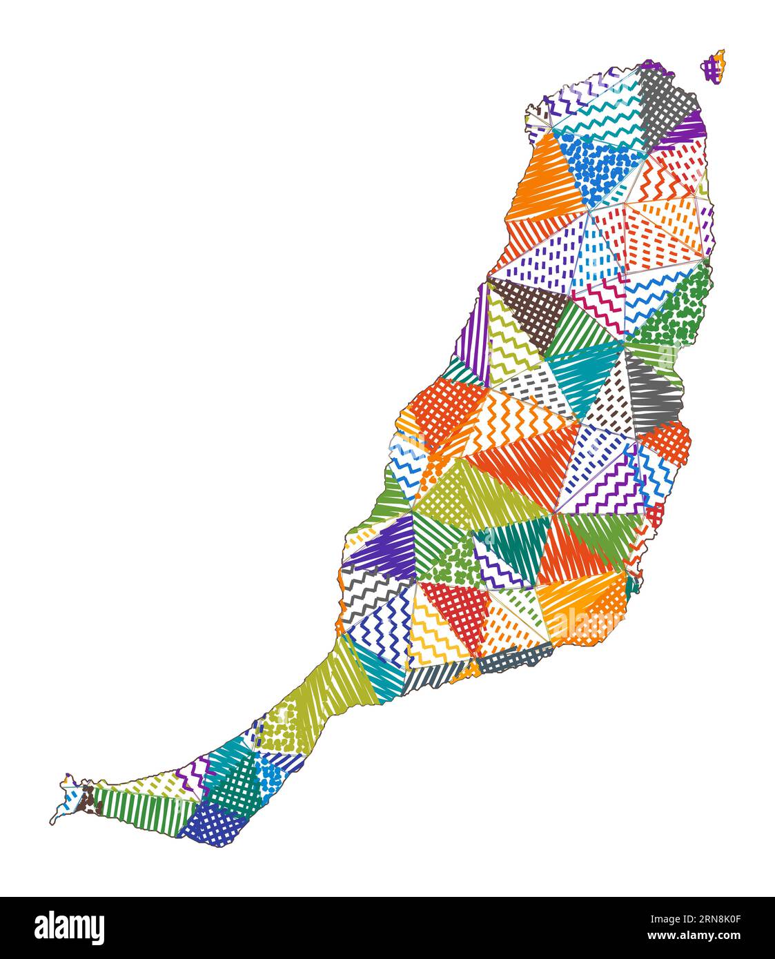 Mappa di Fuerteventura in stile bambino. Poligoni disegnati a mano a forma di Fuerteventura. Illustrazione vettoriale. Illustrazione Vettoriale