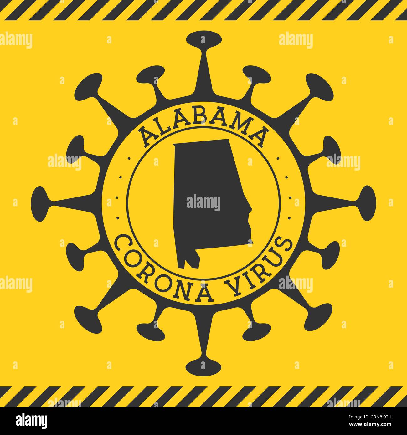 Virus della corona in Alabama segno. Distintivo rotondo con forma di virus e mappa Alabama. Giallo dell'epidemia di stato degli Stati Uniti d'America blocco di blocco. Illustrazione vettoriale. Illustrazione Vettoriale