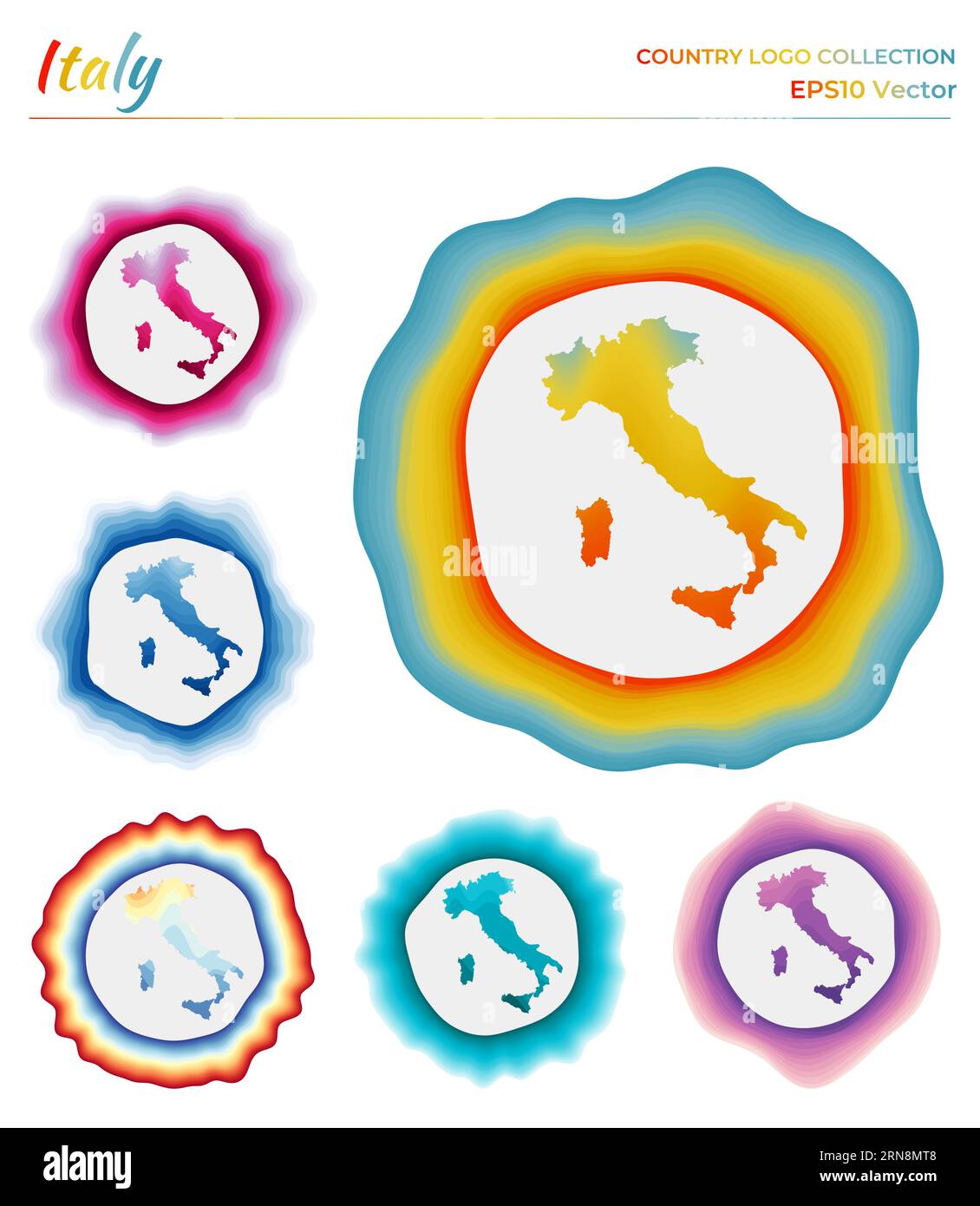 Collezione di logo per l'Italia. Distintivo colorato del paese. Strati intorno alla forma del confine italiano. Illustrazione vettoriale. Illustrazione Vettoriale