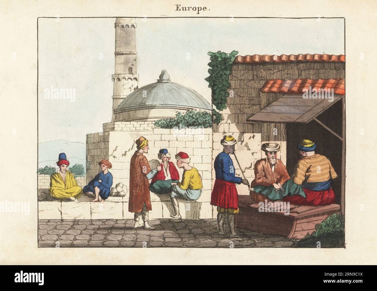 Il bazar di Bedesten a Larissa, Tessaglia, Grecia. Gli uomini dei turbanti parlano, contrattano e fumano tubi al mercato di fronte a una moschea. Bazar de Larrise (Grece). Incisione su copperplate a mano da album des Peuples di A. Antoine de Saint-Gervais, ou Collection de Tableaux, album of Peoples, or Collection of Paintings, J. Langlume et Peltier, Parigi, 1835. Ristampato da Moeurs et coutumes des Peuples, Hocquart, 1811. Foto Stock