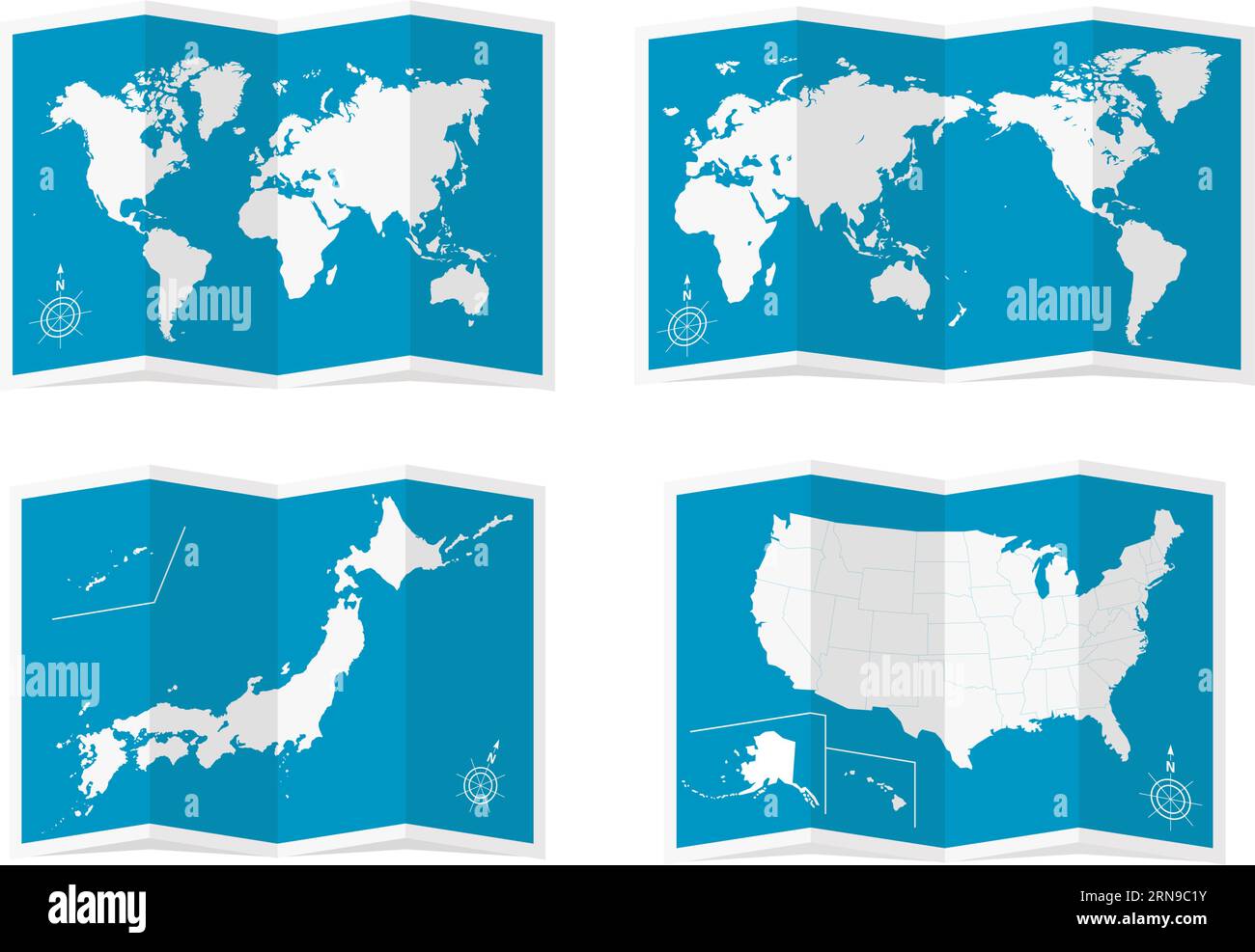 Set di illustrazioni vettoriali di mappe quadruple (mappa del mondo, Giappone, Stati Uniti) Illustrazione Vettoriale