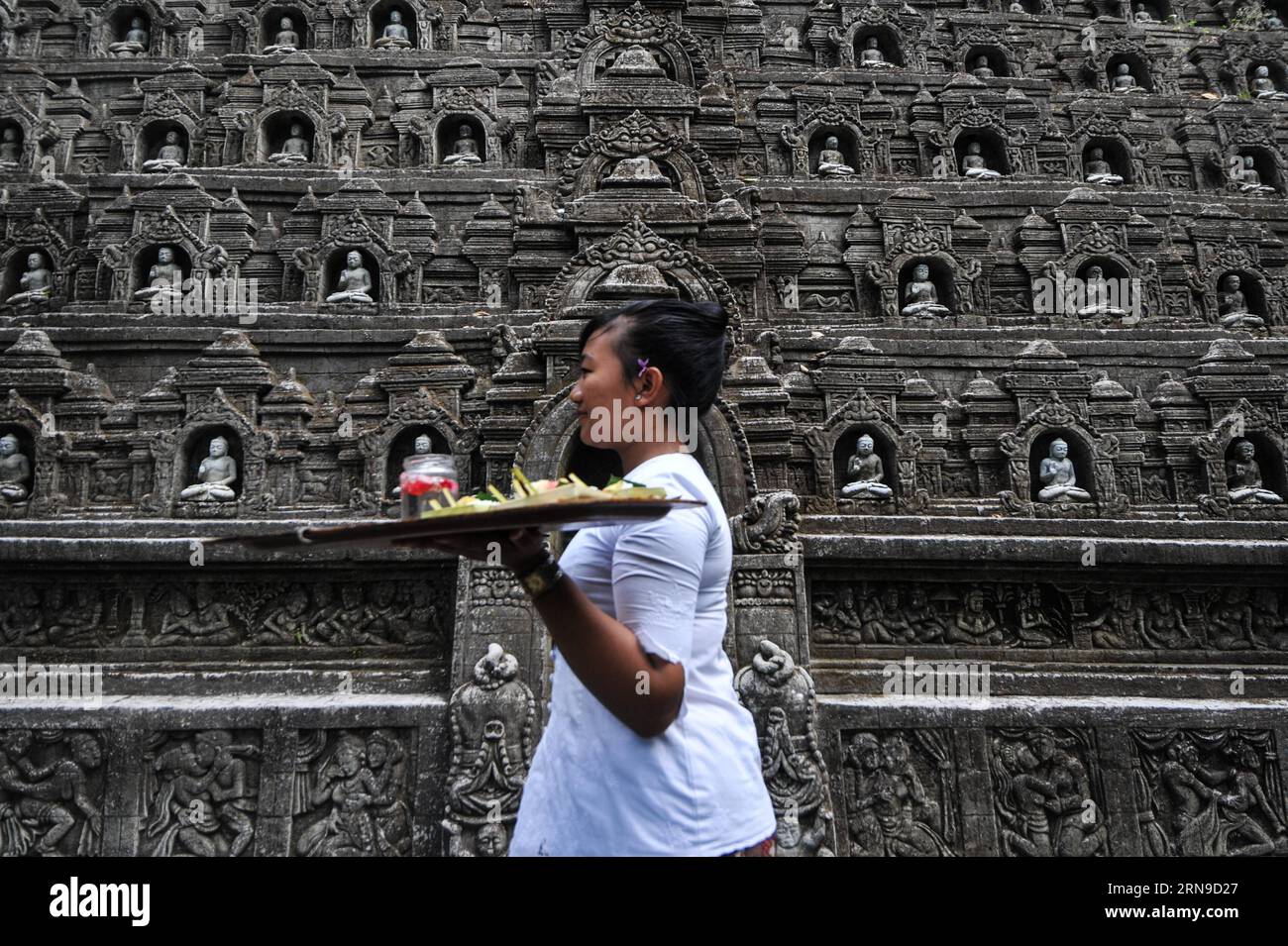 (151129) -- BALI, 29 novembre 2015 -- Una donna cammina davanti alla replica del Tempio di Borobudur scolpito sulla parete della scogliera a Ayung resort, Ubud, Bali, Indonesia, 29 novembre, 2015. Ubud è una delle aree turistiche di Bali famosa per la sua cultura e il suo paesaggio naturale. INDONESIA-BALI-AYUNG RESORT VerixSanovri PUBLICATIONxNOTxINxCHN 151129 Bali Nov 29 2015 una donna cammina davanti alla replica del Tempio di Borobudur scolpito SULLA parete della scogliera ALL'Ayung Resort Ubud Bali Indonesia Nov 29 2015 Ubud È una delle aree turistiche di Bali famosa per la sua cultura e il paesaggio naturale Indonesia Bali Ayung Resort VerixSanovri PUBLICATIONxNOTx Foto Stock