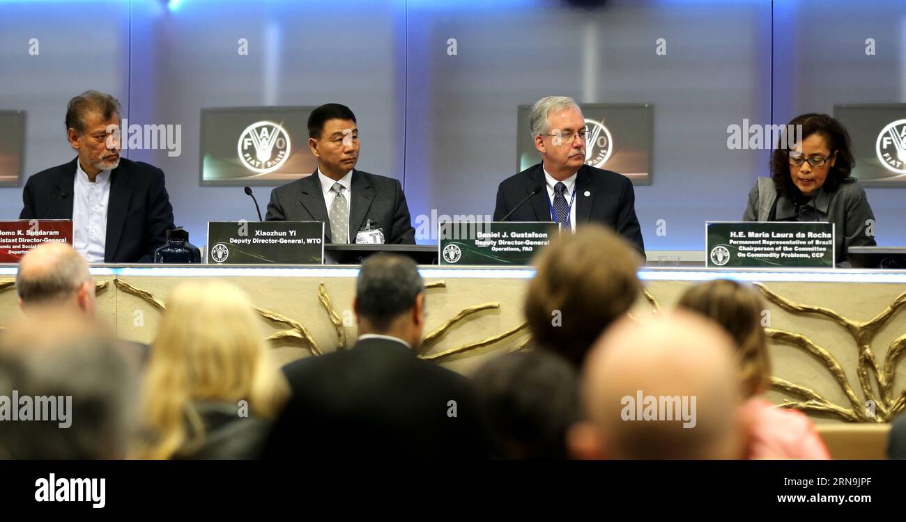 (151209) -- ROME, Dec. 9, 2015 -- (from 1st to 3rd, L) Jomo Kwame Sundaram, FAO assistant director-general and coordinator for Economic and Social Development, Yi Xiaozhun, WTO deputy director-general, and Daniel Gustafson, FAO deputy director-general, listen on during a press conference for the release of the State of Agricultural Commodity Markets (SOCO) 2015-2016 in Rome, Italy, on Dec. 9, 2015. The Rome-based United Nations Food and Agriculture Organization (FAO) published The State of Agricultural Commodity Markets (SOCO) 2015-2016 on Wednesday, calling for a pragmatic approach that would Foto Stock