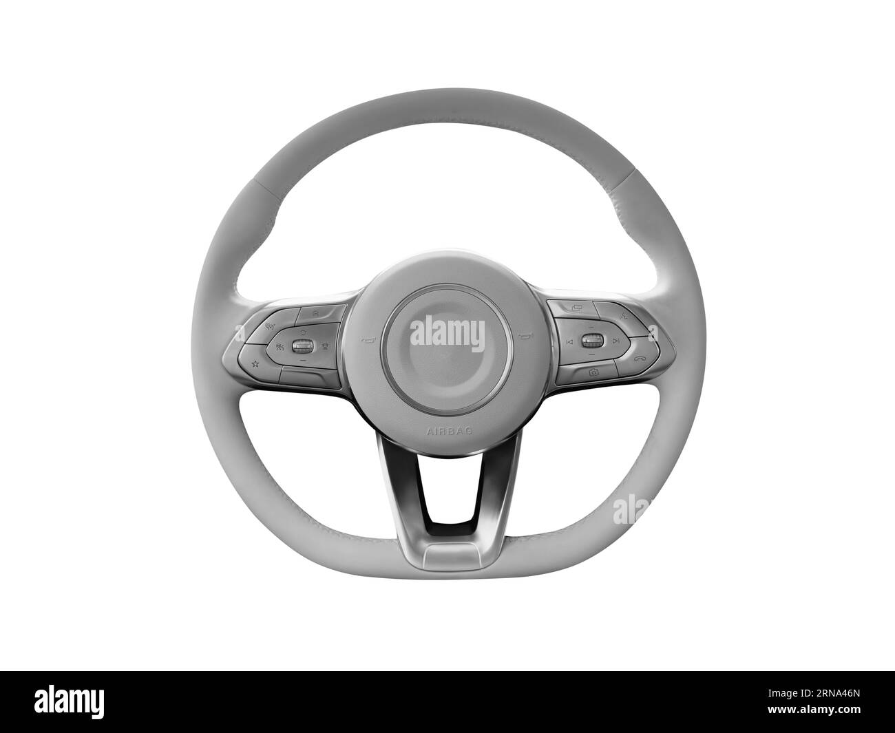 Interni moderni per auto. Volante con pulsanti di comando del telefono multimediale isolati su sfondo bianco. Dettagli interni dell'auto. Volante isolato su wh Foto Stock