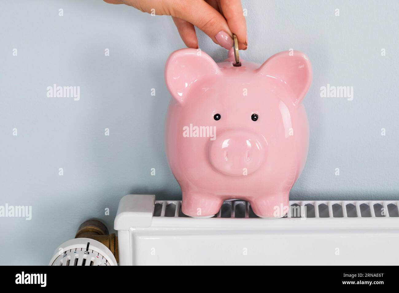 Close-up di una donna mano inserire monete In Piggybank sul radiatore a casa Foto Stock