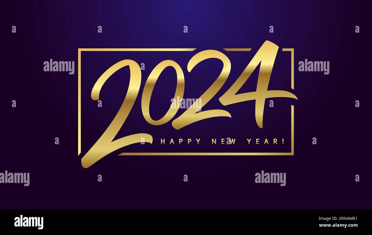 Un'icona dorata orizzontale felice anno nuovo 2024. Concetto decorativo. Design del biglietto d'auguri. Logo con numeri creativi e tonalità oro lucido. Design di lusso. Illustrazione Vettoriale
