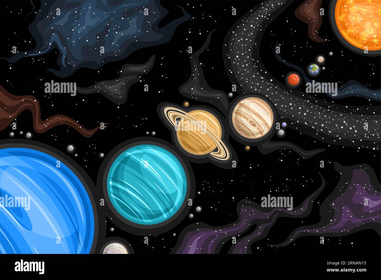 Vector Fantasy Space Chart, poster astronomico orizzontale con illustrazione pf Planet Parade in Solar System, stampa cosmo futuristica decorativa con Illustrazione Vettoriale