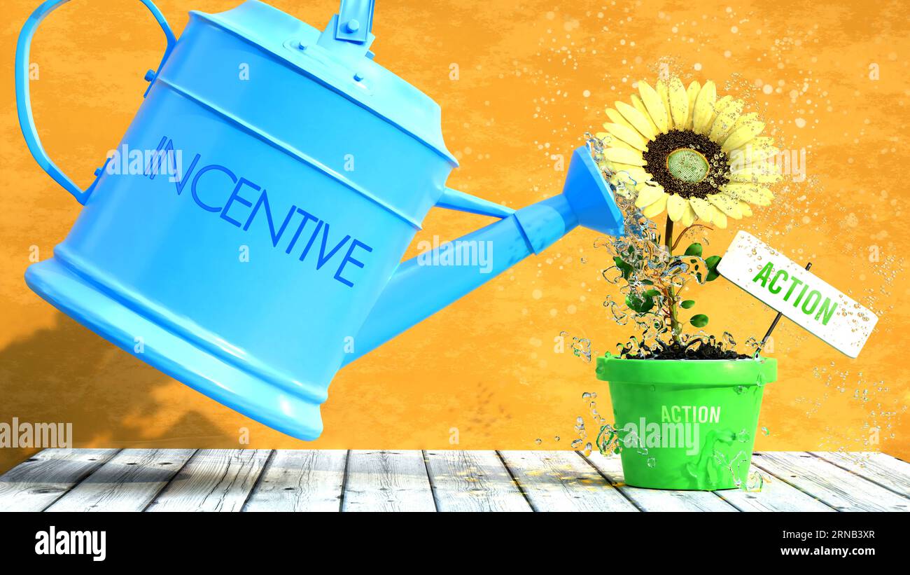L'incentivo dà azione. Una metafora in cui l'incentivo è il potere che rende l'azione crescere e diventare più forte.,illustrazione 3d. Foto Stock