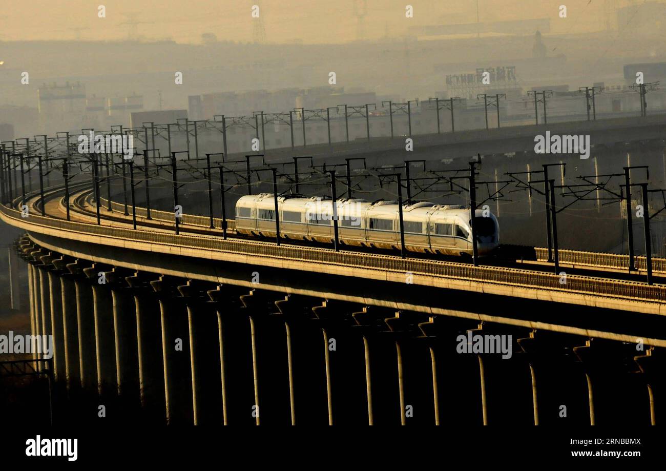 La foto scattata il 1 dicembre 2012 mostra un treno proiettile in partenza da Dalian sulla ferrovia ad alta velocità Harbin-Dalian, nella provincia di Liaoning della Cina nord-orientale. La costruzione di ferrovie ad alta velocità è stata un tema caldo nelle sessioni annuali delle legislature provinciali cinesi e degli organi consultivi politici svoltesi intensamente a gennaio. La Cina ha la più grande rete ferroviaria ad alta velocità del mondo, con una lunghezza operativa totale che raggiunge i 19.000 km entro la fine del 2015, circa il 60% del totale mondiale. La rete ferroviaria ad alta velocità in espansione offre comodità e comfort senza precedenti ai viaggiatori e ai boo Foto Stock