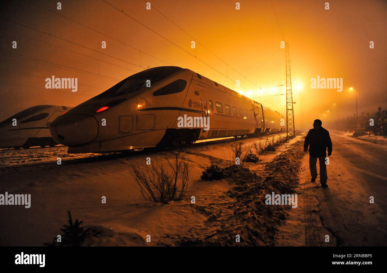 La foto del file scattata il 9 febbraio 2013 mostra un treno proiettile in arrivo a Changchun, capitale della provincia di Jilin della Cina nordorientale. La costruzione di ferrovie ad alta velocità è stata un tema caldo nelle sessioni annuali delle legislature provinciali cinesi e degli organi consultivi politici svoltesi intensamente a gennaio. La Cina ha la più grande rete ferroviaria ad alta velocità del mondo, con una lunghezza operativa totale che raggiunge i 19.000 km entro la fine del 2015, circa il 60% del totale mondiale. La rete ferroviaria ad alta velocità in espansione offre ai viaggiatori comodità e comfort senza precedenti, aumentando le esigenze locali Foto Stock