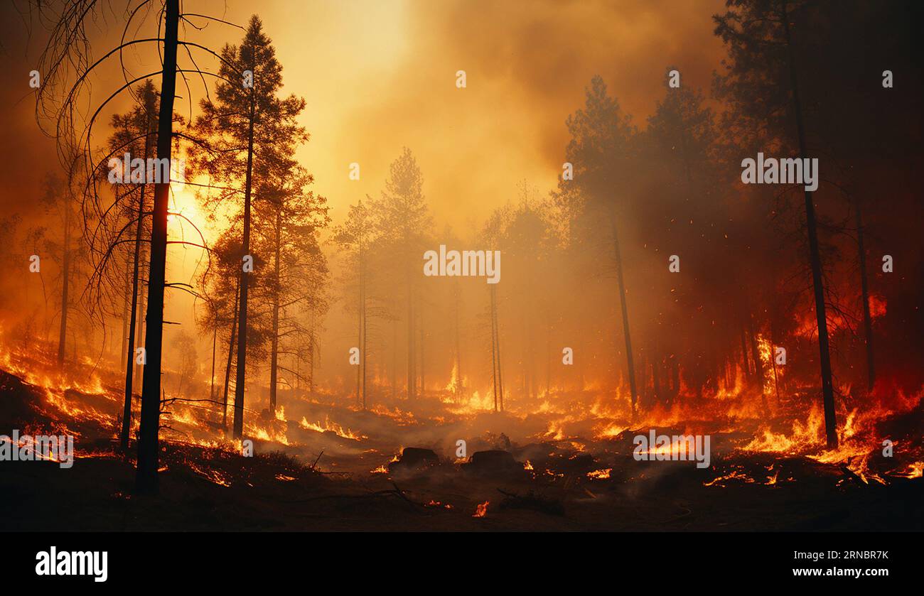 Inferno con la foresta in fiamme - cambiamento climatico Foto Stock