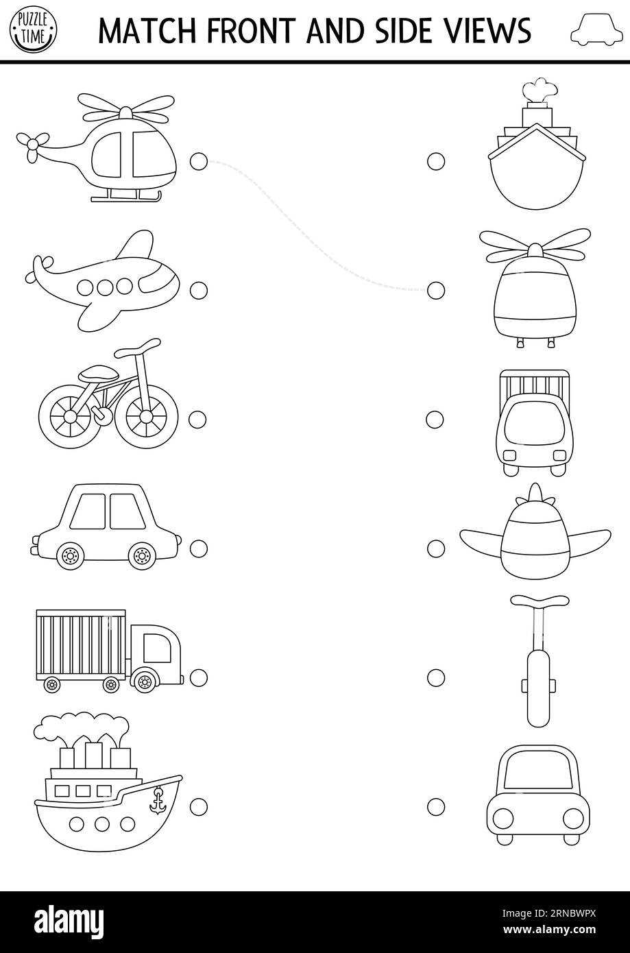 Trasporto in bianco e nero con una graziosa vista laterale e frontale di elicottero, aereo, auto, camion, nave. Puzzle dei trasporti urbani. Corrispondenza ob Illustrazione Vettoriale