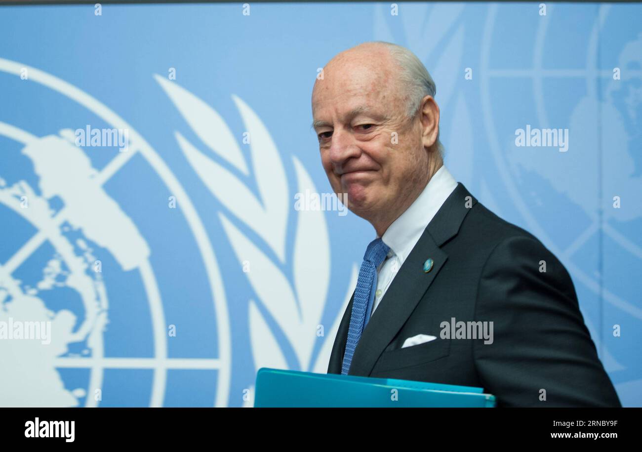 Bilder des Tages (160314) -- GINEVRA, 14 marzo 2016 -- l'inviato delle Nazioni Unite Staffan de Mistura partecipa a una conferenza stampa a Ginevra, in Svizzera, 14 marzo 2016. La ripresa dei colloqui intra-siriani a Ginevra è avvenuta lunedì, il giorno prima del quinto anniversario dell'inizio della guerra civile siriana. A causa degli sforzi di mediazione condotti dalle Nazioni Unite, i rappresentanti del governo siriano e dell'opposizione si sono recati a Ginevra alla fine di gennaio per i colloqui indiretti, con Mistura che si è spostata tra entrambe le parti. I colloqui si sono conclusi il 3 febbraio senza risultati tangibili. ) (DJJ) SVIZZERA-GINEVRA-SIRIA-COLLOQUI DI PACE XUXJINQUAN PUBLIC Foto Stock