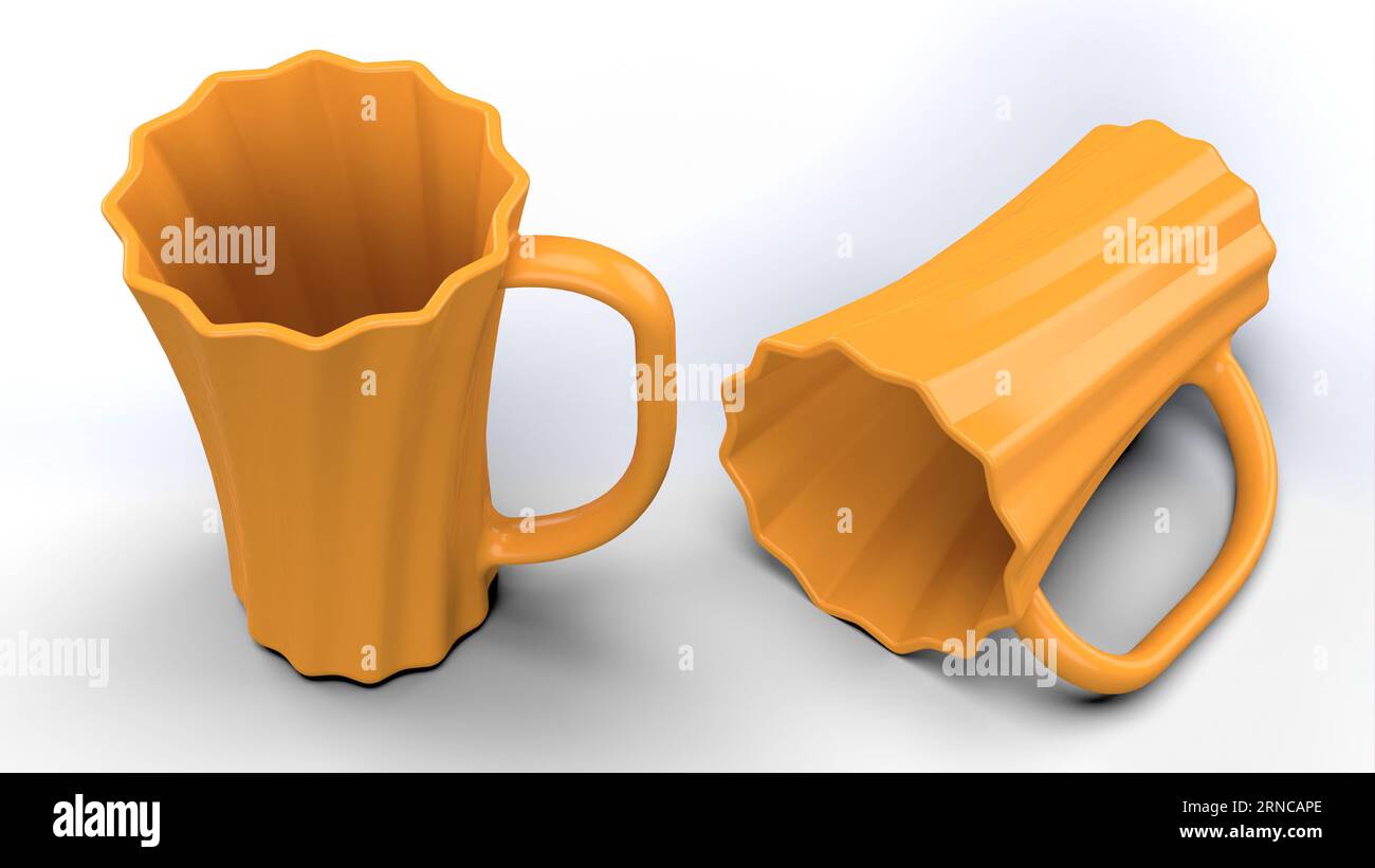 Long Yellow Mug. Design del corpo attorcigliato. Drinking Mug 3D. Isolato su sfondo bianco Foto Stock