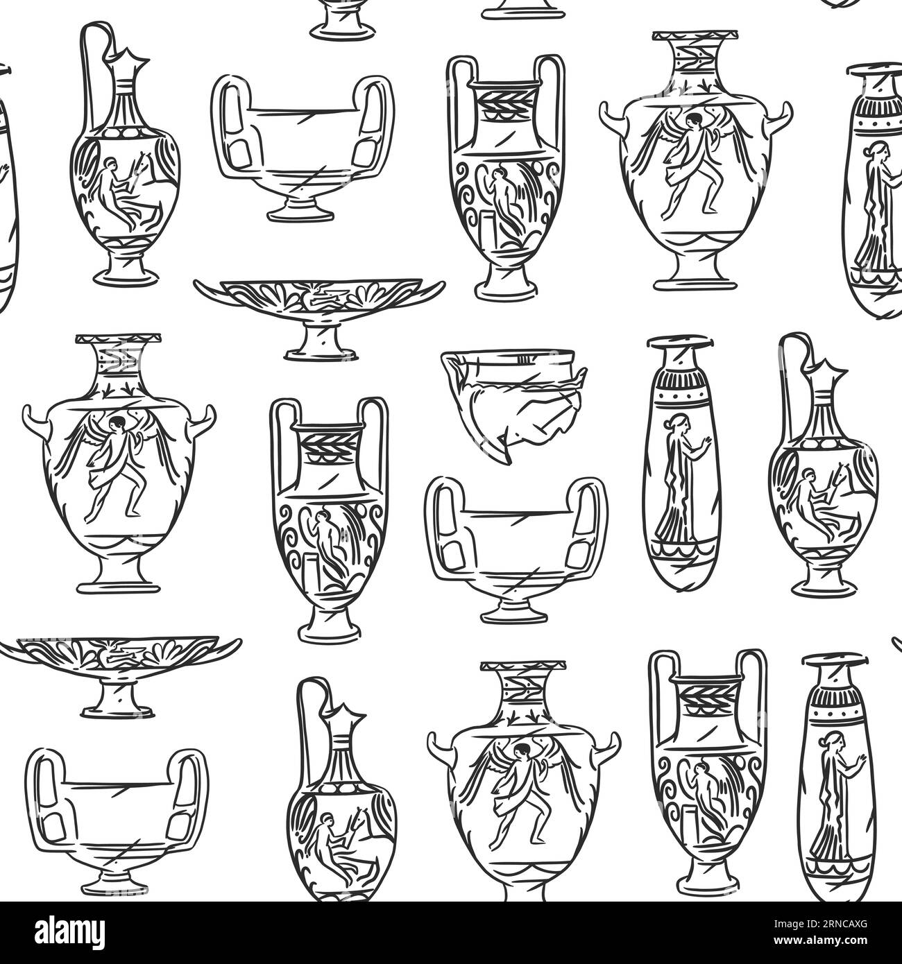 Grafica astratta vettoriale disegnata a mano, vasi di scultura greca antica arte di linea disegno moderno senza cuciture. Vasi classici antichi in stile di linea alla moda, Illustrazione Vettoriale
