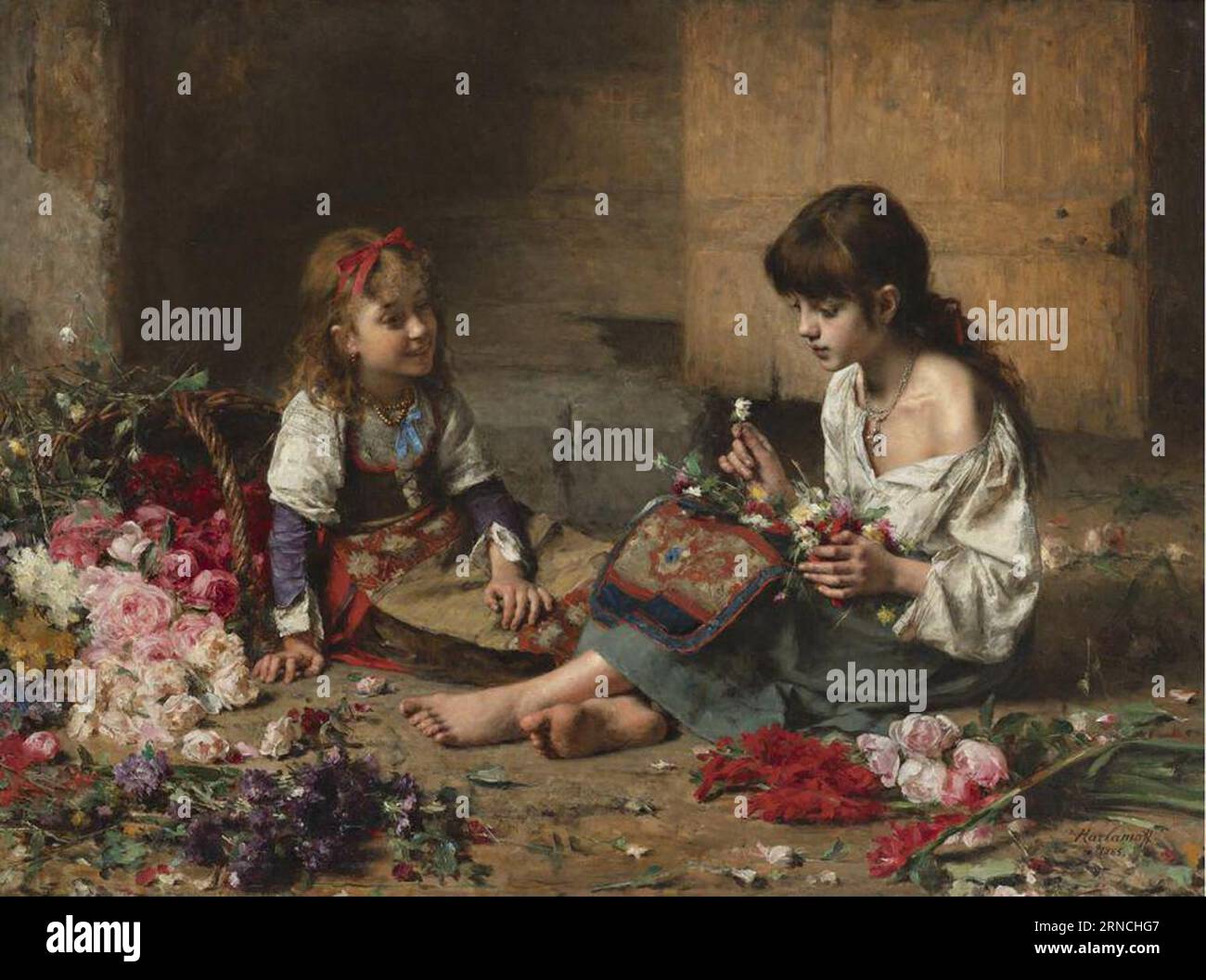 Giovani ragazze di fiori 1885 di Alexei Harlamov Foto Stock