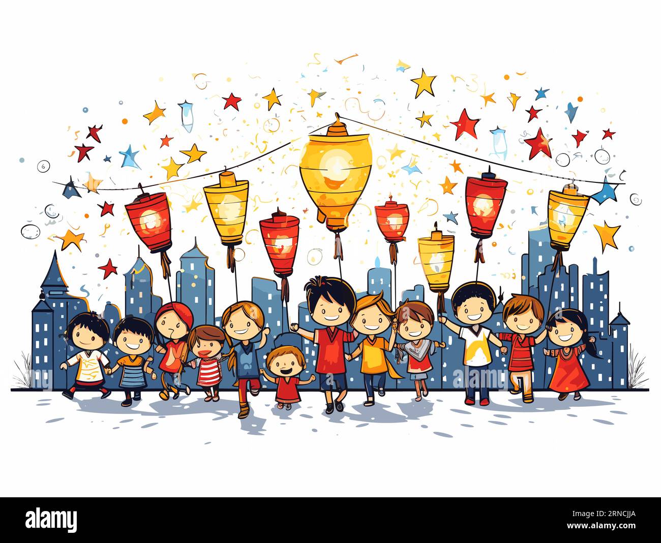 Cartoon Children Jubilee Vector Illustration, nello stile di un'atmosfera festosa, sfondo bianco Illustrazione Vettoriale