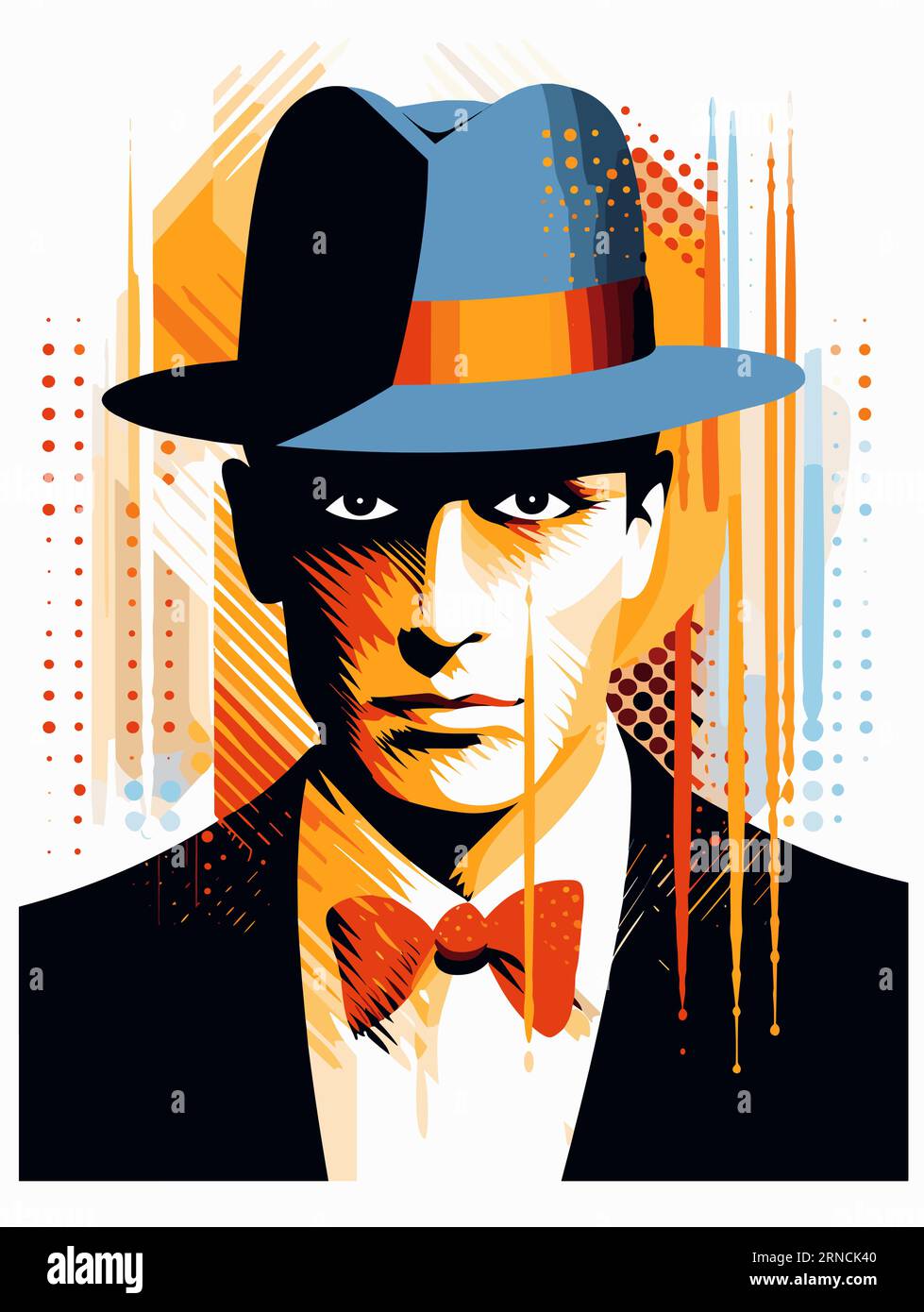 Gangster dal look gotico in tuta con sfondo colorato Art Print, nello stile di azzurro chiaro e arancione, elementi grafici forti, pop Art-in Illustrazione Vettoriale