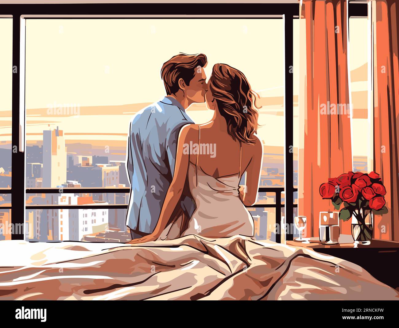 Pittura di coppia in luna di miele baci, nello stile di Superflat Style, paesaggi urbani fotorealistici, Toni caldi, Windows Vista, contorni eleganti Illustrazione Vettoriale