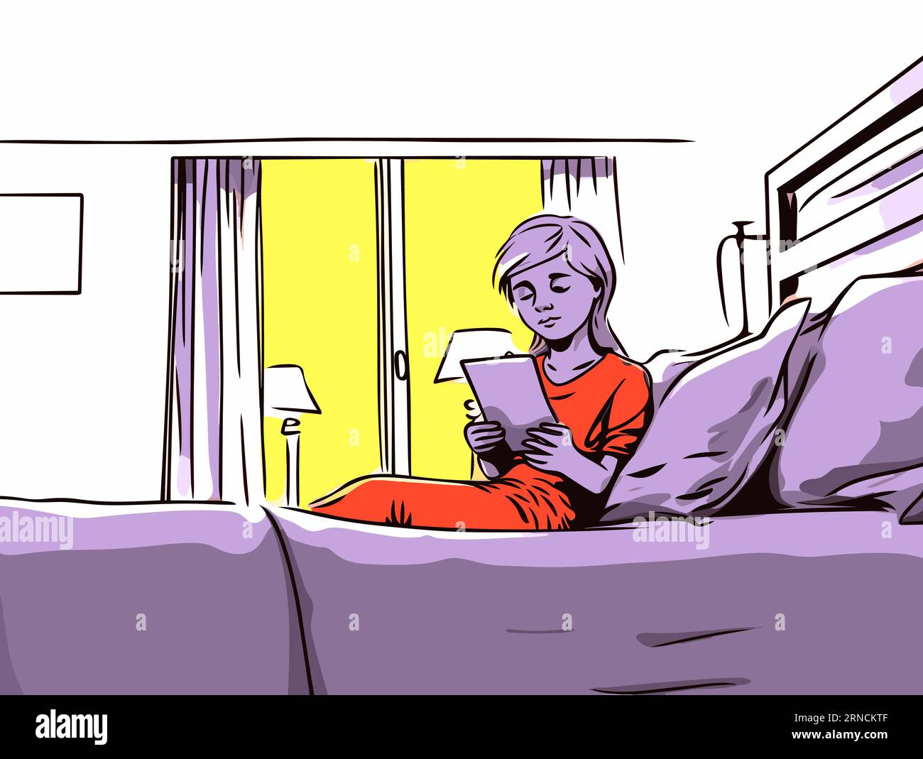 A Girl Reading on A Bed, in the Style of Editorial Cartooning, Red and Amber, illustrazioni molto dettagliate Illustrazione Vettoriale