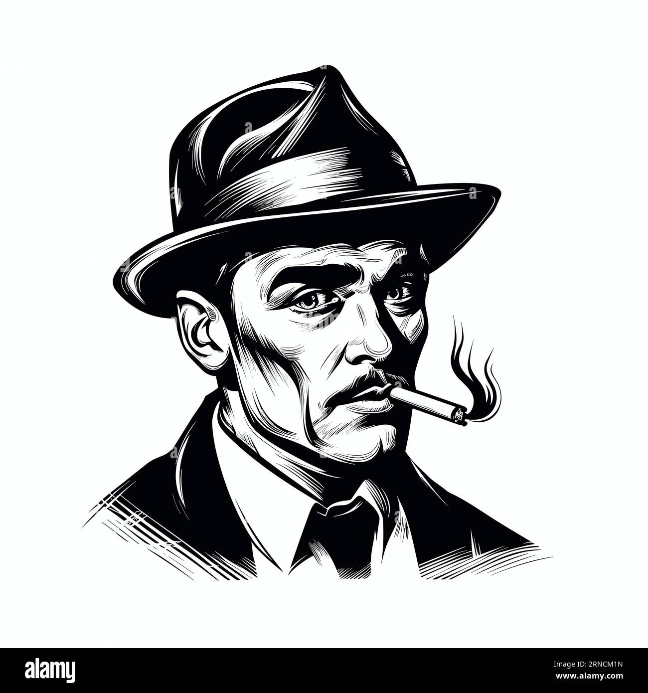 The Image Is A Man in A Hat Smoking A Cigarette, in the Style of Comic Book Noir, strong Facial Expression, Clean and Sharp Inking, Hard Edge Illustrazione Vettoriale