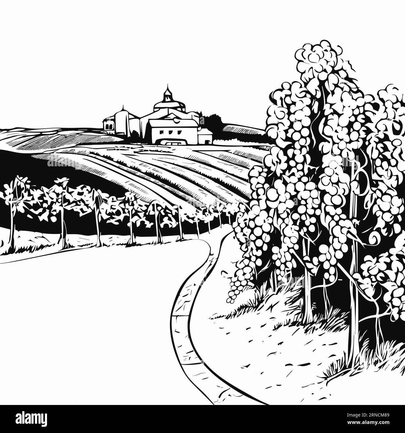 Hill With White And Green Vineyard At Christian Holiday Illustration, In The Style Of Black And White Ink, Romantic Illustration Illustrazione Vettoriale