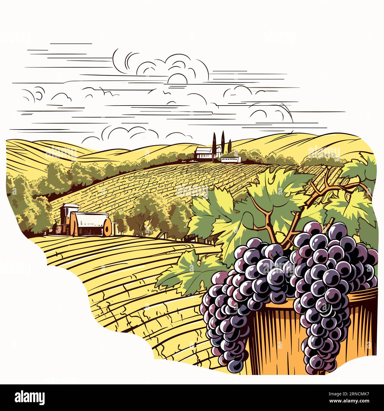 Cartolina in stile vintage con paesaggio toscano e bicchieri di vino, nello stile del legno, paesaggi isolati Illustrazione Vettoriale