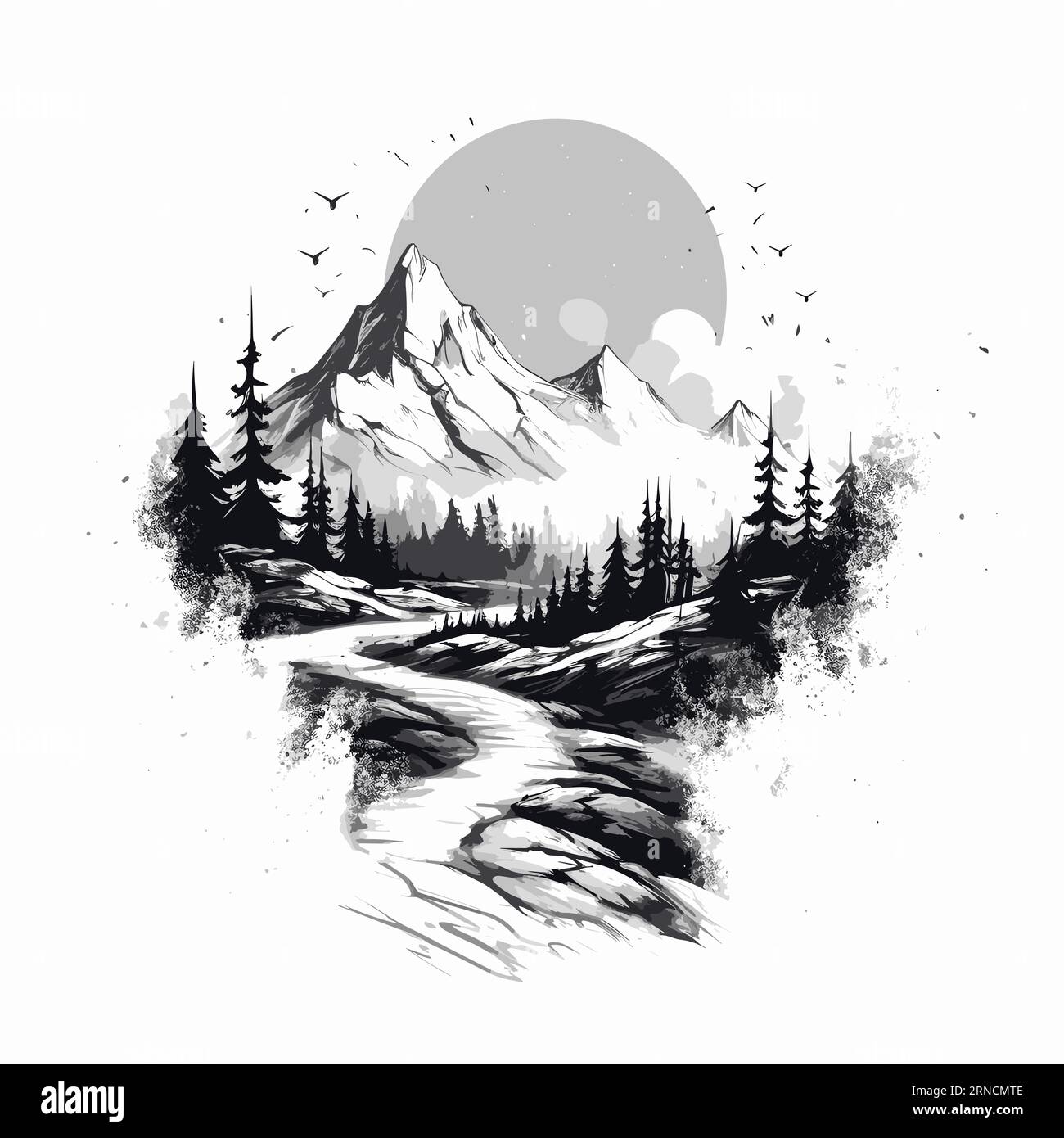 Un tatuaggio bianco e nero di Un sentiero di montagna con alberi e foglie, nello stile della pittura digitale, paesaggi tradizionali Illustrazione Vettoriale