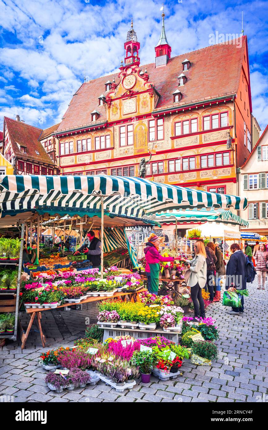 Tubingen, Germania - 16 ottobre 2021. Piccola cittadina tedesca tradizionale con case decorate in legno, terra di Baden-Wurttemberg. Foto Stock
