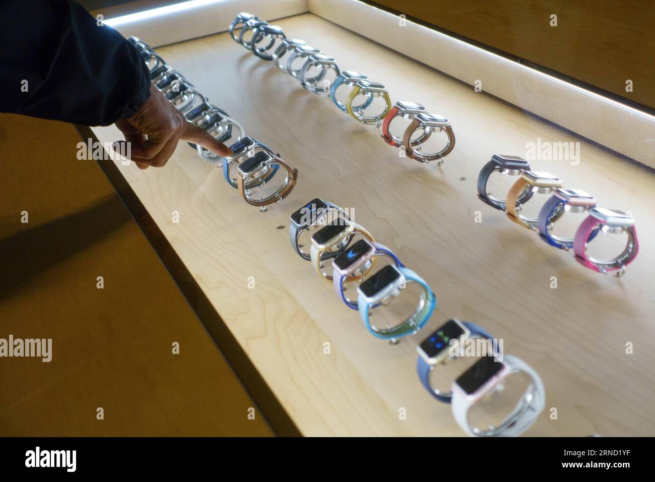 (160428) -- NEW YORK, 28 aprile 2016 -- Un cliente punta ad un Apple Watch all'Apple Store nel Grand Central Terminal di New York, Stati Uniti, 28 aprile 2016. Apple Inc. Martedì ha pubblicato i risultati fiscali per il secondo trimestre del 2016, che hanno mostrato il primo crollo anno su anno dei ricavi e dei profitti trimestrali dal 2003 e il primo calo delle vendite di iPhone. ) U.S.-NEW YORK-APPLE-SALES-DECLINE LixMuzi PUBLICATIONxNOTxINxCHN 160428 New York aprile 28 2016 un cliente punta AD Apple Watch all'Apple Store nel Grand Central Terminal di New York Stati Uniti aprile 28 2 Foto Stock