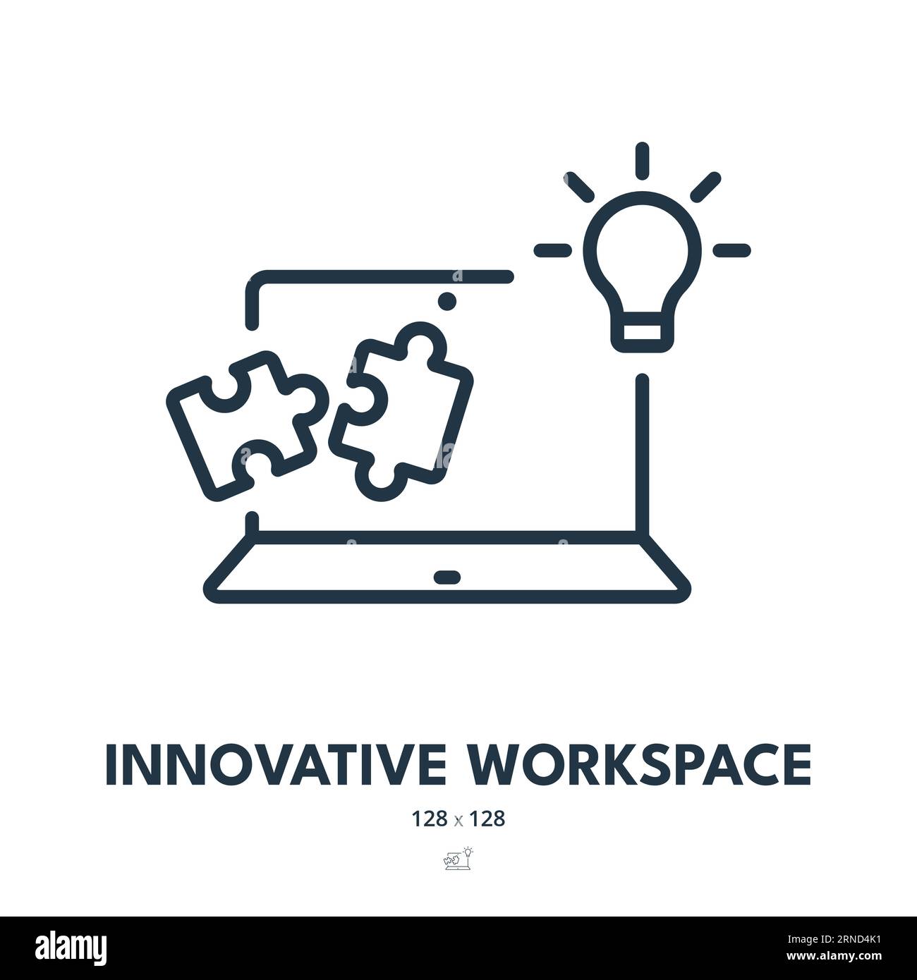 Icona spazio di lavoro innovativo. Ambiente di lavoro, notebook, PC desktop. Tratto modificabile. Icona vettore semplice Illustrazione Vettoriale