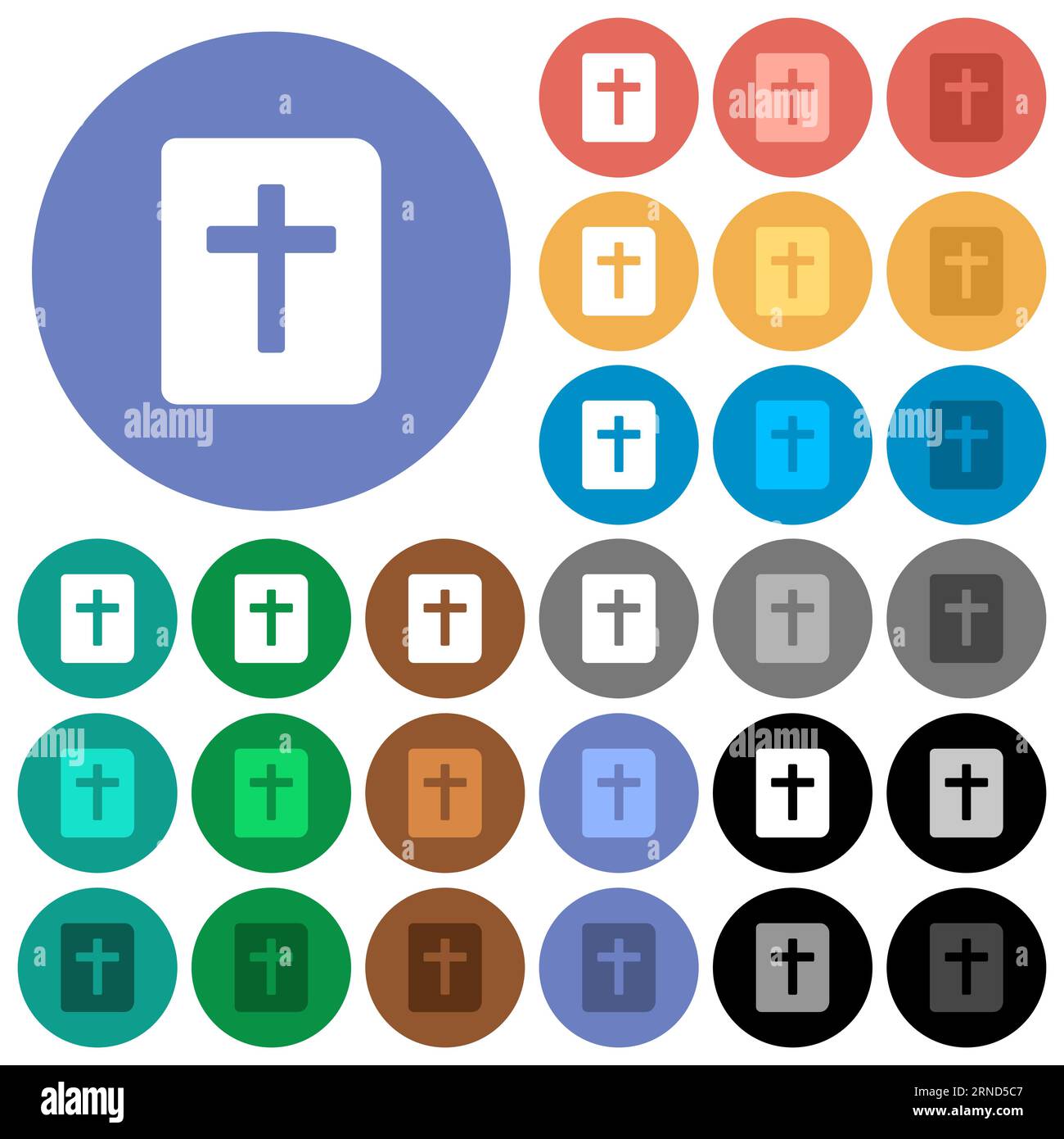 Bibbia Sacra icone piatte multicolore su sfondi rotondi. Incluse variazioni delle icone bianche, chiare e scure per gli effetti di stato attivo e del passaggio del mouse e del bonu Illustrazione Vettoriale