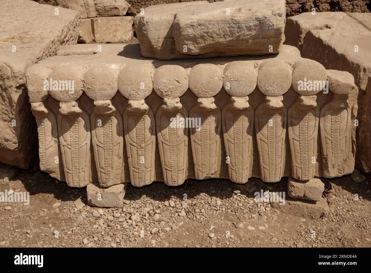 Resti del blocco del fregio Cobra al Tempio di Hathor a Dendera, Valle del Nilo, Egitto, Nord Africa Foto Stock