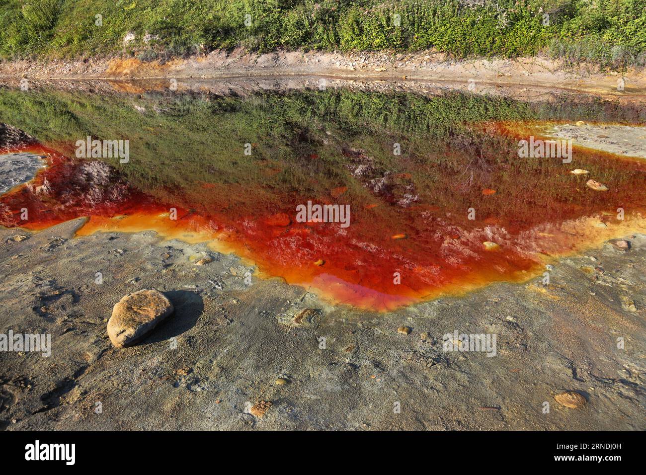 Piscine rosse di sangue con coste di zolfo gialle sulla Blast Beach, Durham Heritage Coast, Seaham, County Durham, UK Foto Stock