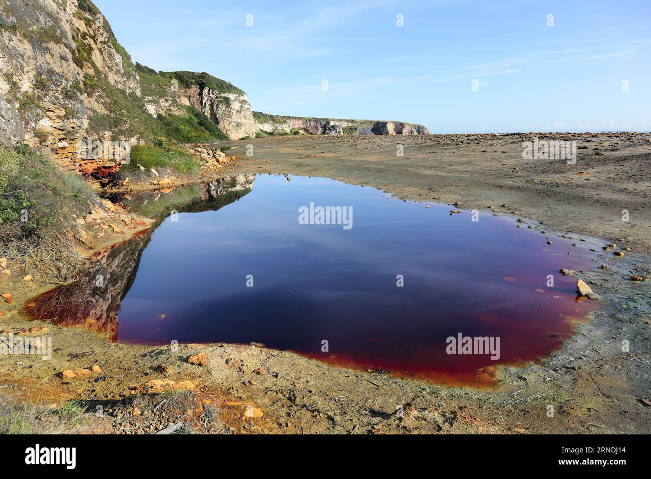 Piscine rosse di sangue con coste di zolfo gialle sulla Blast Beach, Durham Heritage Coast, Seaham, County Durham, UK Foto Stock