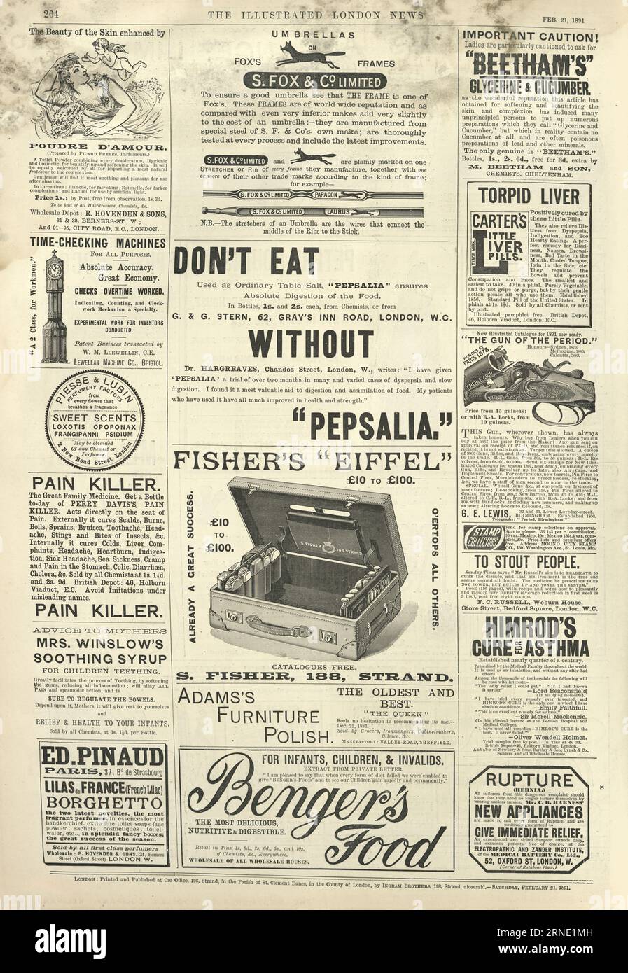 Pagina di annunci di giornali vittoriani, anni '1890, XIX secolo. Killer del dolore, casi, Shotgun Foto Stock