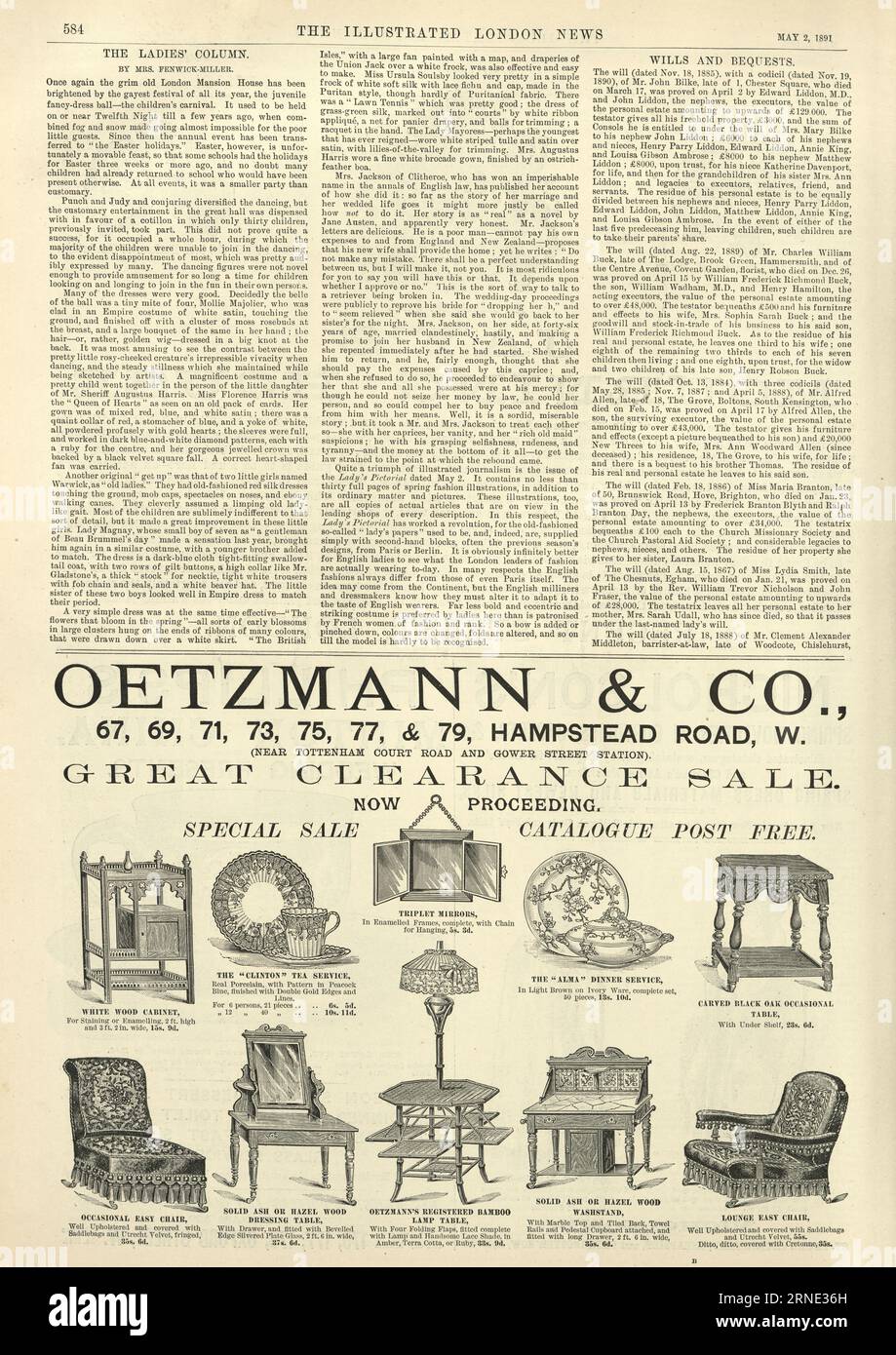 Pubblicità su quotidiani vittoriani per mobili Oetzmann & co, sedie, tavoli, decorazioni vittoriane, anni '1890, XIX secolo Foto Stock