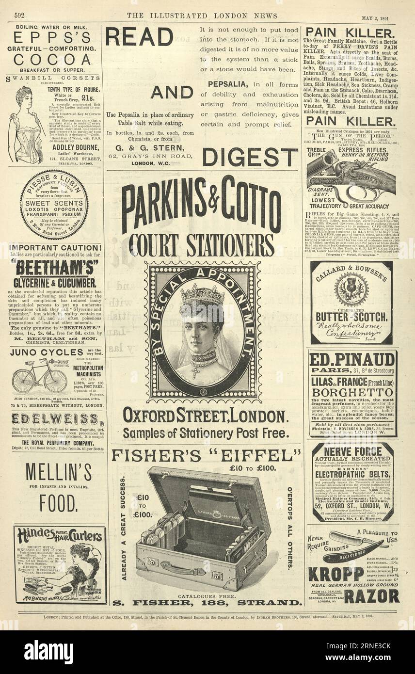 Pagina di annunci per newsapper vittoriani, 1891, 19th Century, Parkins and Gotto stationers, arricciacapelli, Juno Cycles, pain killer Foto Stock