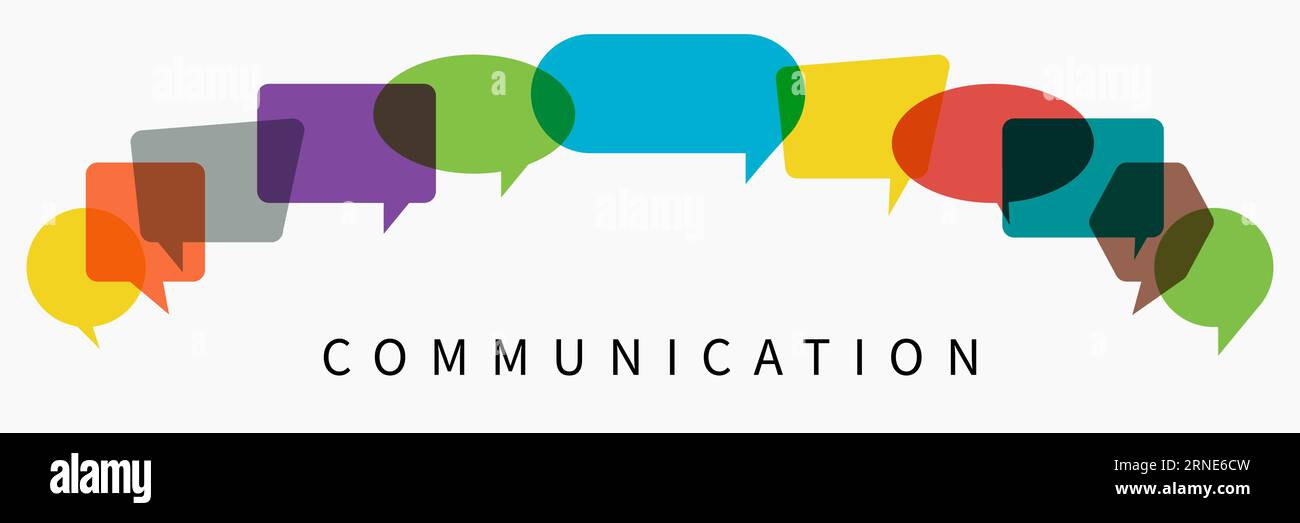 Comunicazione. Parole con dialoghi colorati e multicolore. Illustrazione piatta del concetto di comunicazione su sfondo bianco isolato. Persone Illustrazione Vettoriale