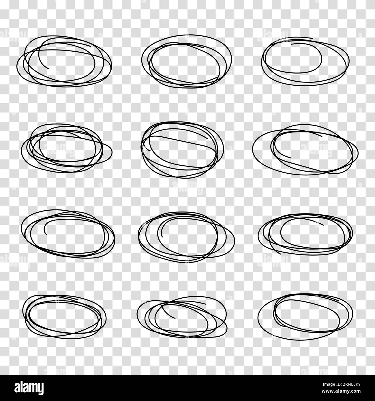 Set di cerchi neri e ovali disegnati a mano. Evidenziare i fotogrammi del cerchio. Ellissi in stile doodle. Illustrazione vettoriale isolata su sfondo bianco. Illustrazione Vettoriale