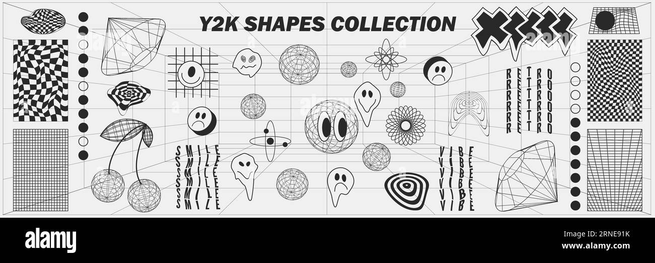Geometrie astratte con struttura a reticolo forme e motivi, elementi cyberpunk, segni e griglie prospettiche. Segni retrò geometrici surreali. Rave futu psichedelico Illustrazione Vettoriale
