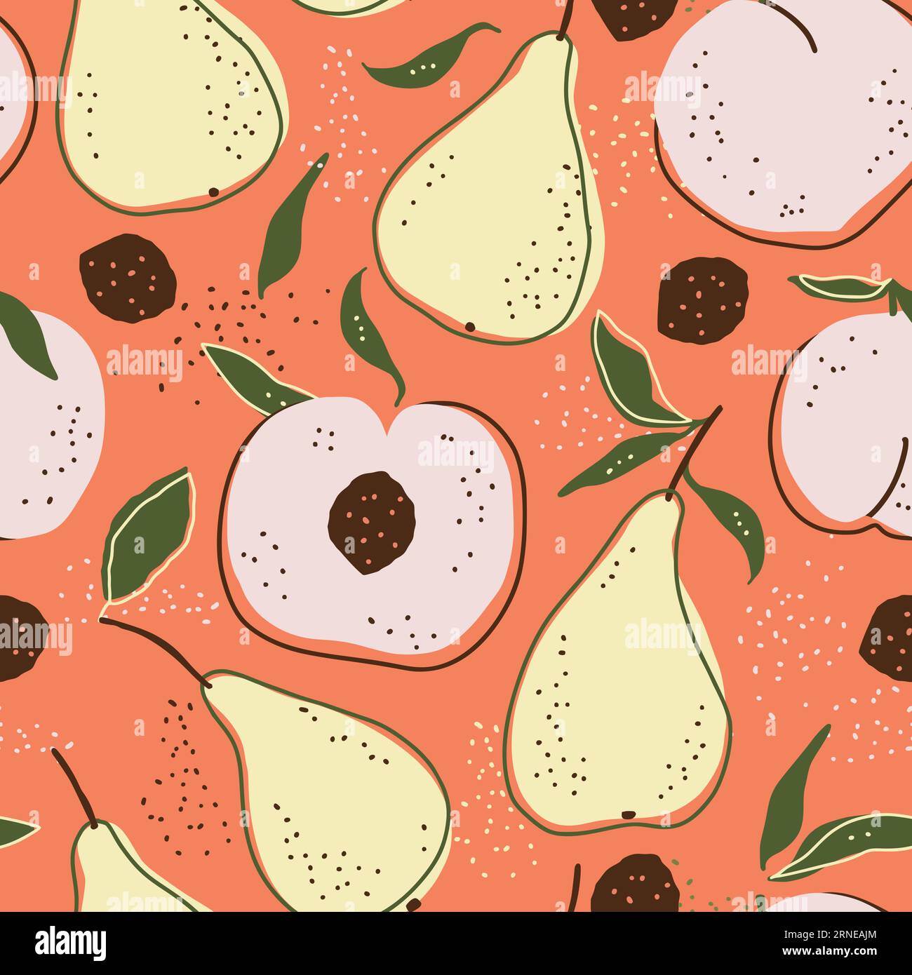 Vettore di pattern vettoriale senza cuciture Peach and PEA. Frutta ruvida estate colorata per bambini Illustrazione Vettoriale
