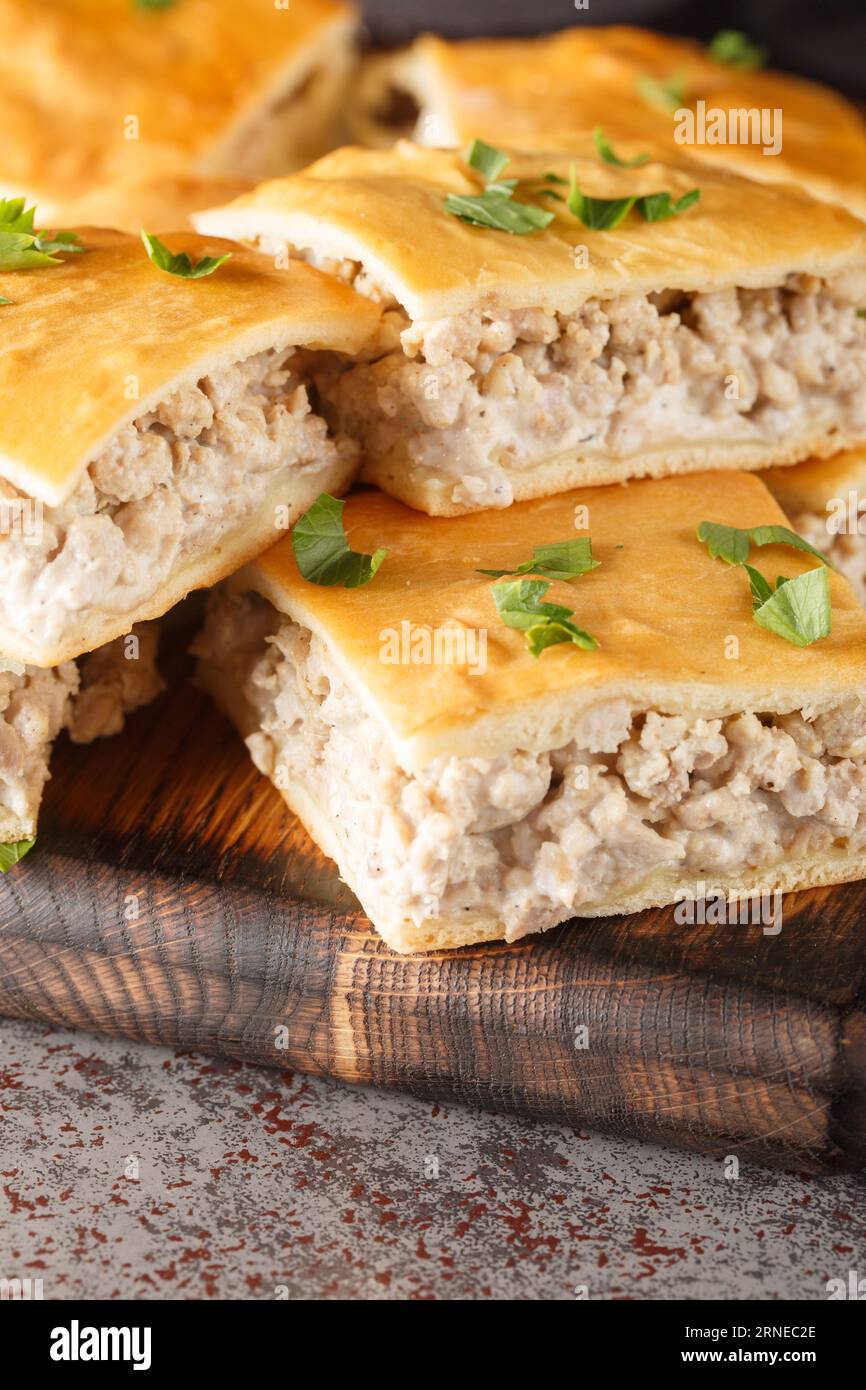 Fresh Ñrescent rolls pie of minced pork with cream cheese close-up on a wooden board on the table. Vertical Foto Stock