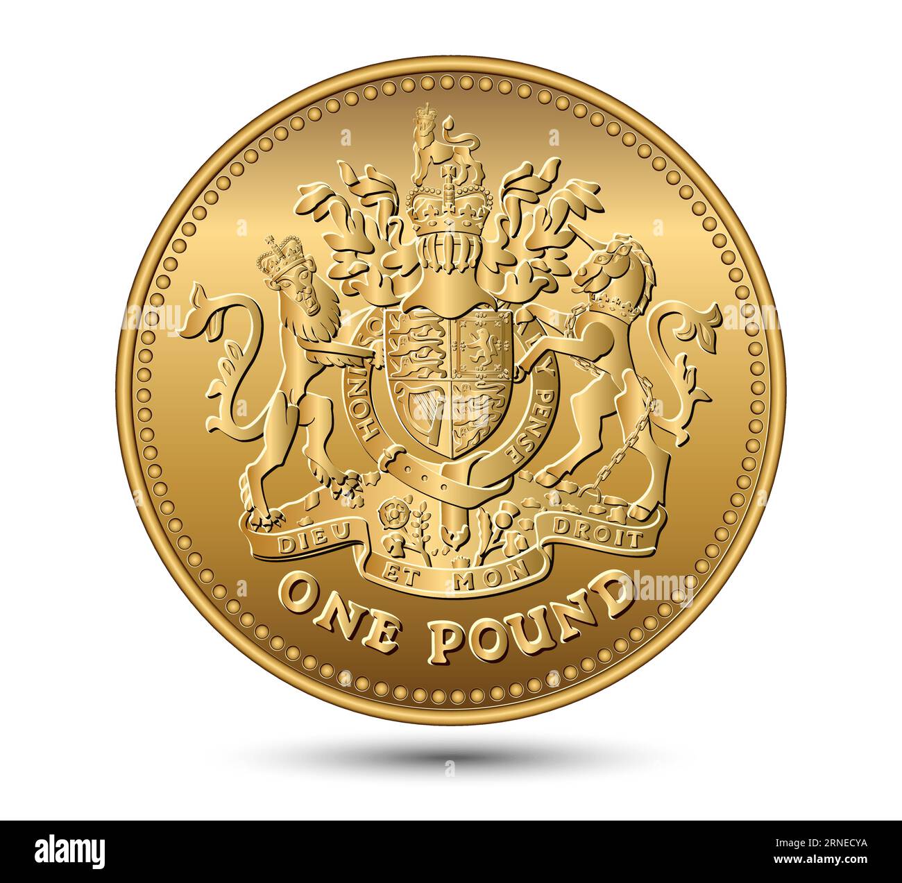 Moneta d'oro vettoriale britannica da una sterlina con l'immagine di un leone, un unicorno, uno scudo e una corona. Illustrazione vettoriale. Illustrazione Vettoriale