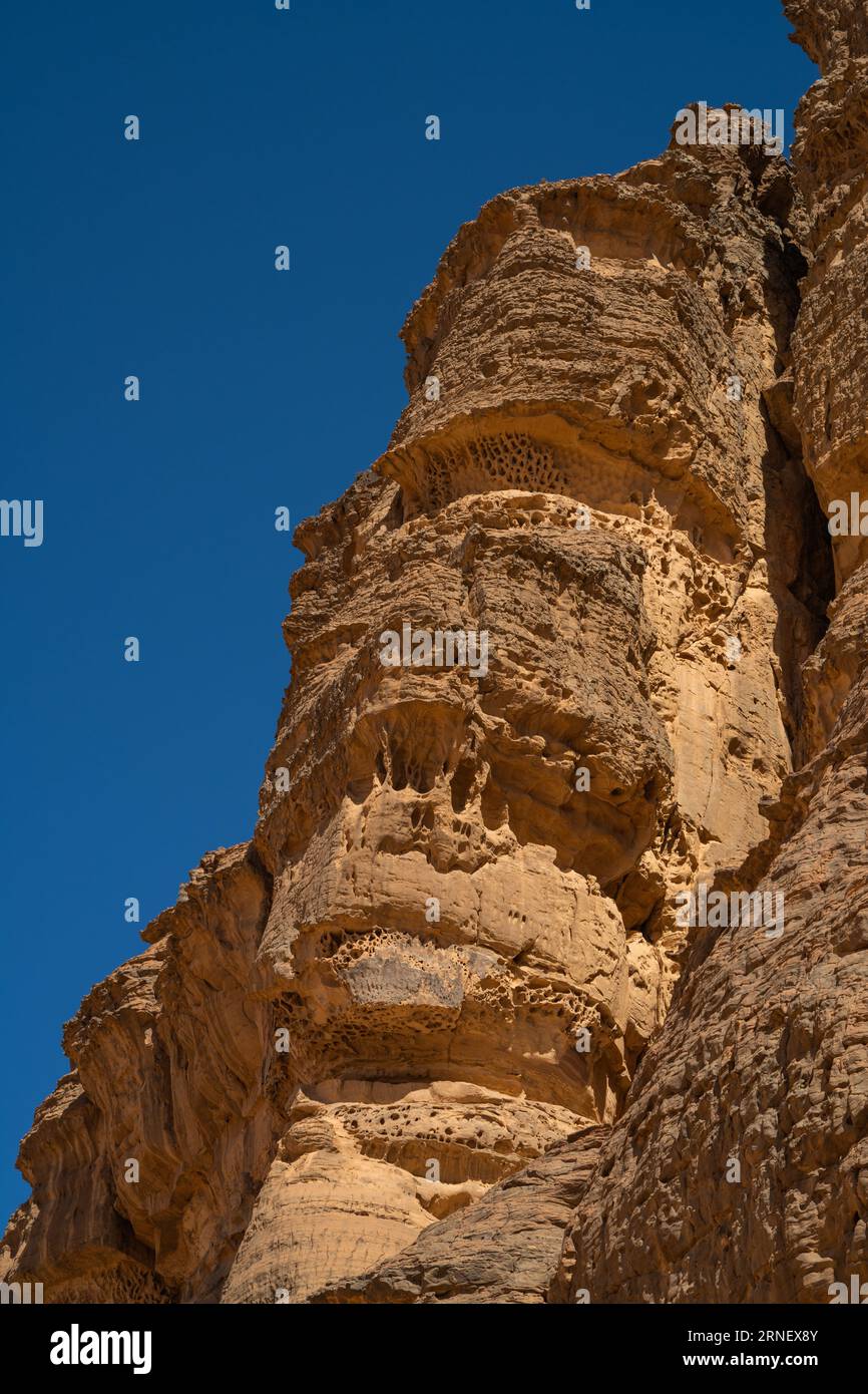 Vista nel deserto del Sahara di Tadrart rouge tassili najer nella città di Djanet, Algeria. Sabbia arancione colorata e montagne rocciose Foto Stock