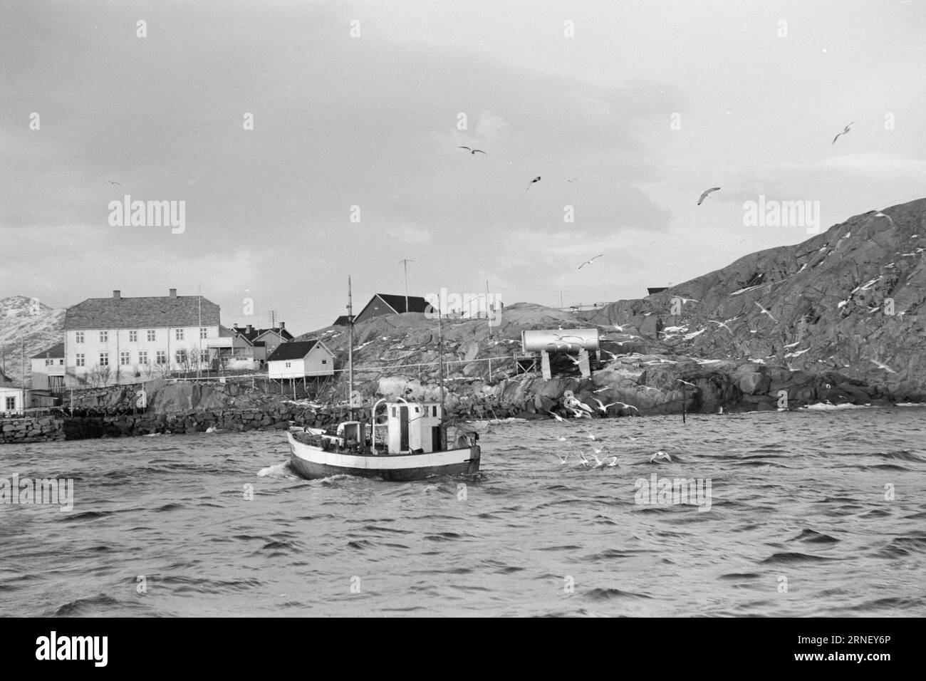 Attuale 06- 1951: Addio all'ansia e deathLofoten nell'inverno del 1951. Diversi villaggi di pescatori nel Lofoten sono stati lasciati liberi perché non sono in grado di operare senza elettricità, strade, banchine e collegamenti telefonici. In alcuni luoghi, i comuni hanno chiesto denaro per il trasferimento dallo stato per trasferire l'intera popolazione, compresi gli edifici residenziali. Foto: Sverre A. Børretzen / Aktuell / NTB ***FOTO NON ELABORATA*** questo testo è stato tradotto automaticamente! Foto Stock