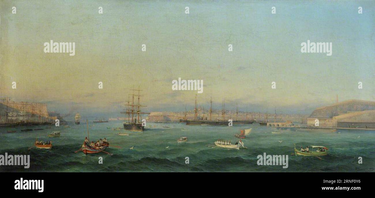 La flotta del Mediterraneo a Malta, giugno 1876: HMS 'Helicon', 'Swiftsure', 'Pallas', 'Hercules' e 'Invincible' nel porto 1876 di Giancinto Gianni Foto Stock