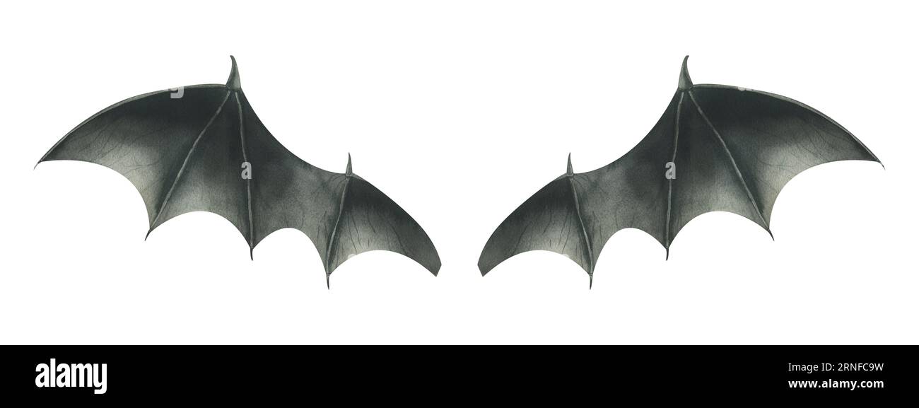 BAT Wings nere con artigli per le vacanze dei morti, halloween, vampiri, streghe e favole. Illustrazione acquerello, disegnata a mano. Set di Foto Stock