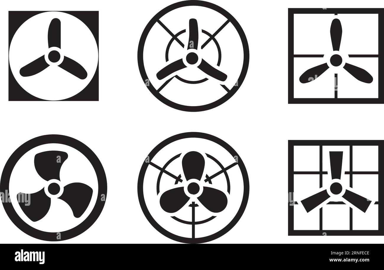 Set ventola ed eliche. Icona nera del ventilatore rotante Illustrazione Vettoriale