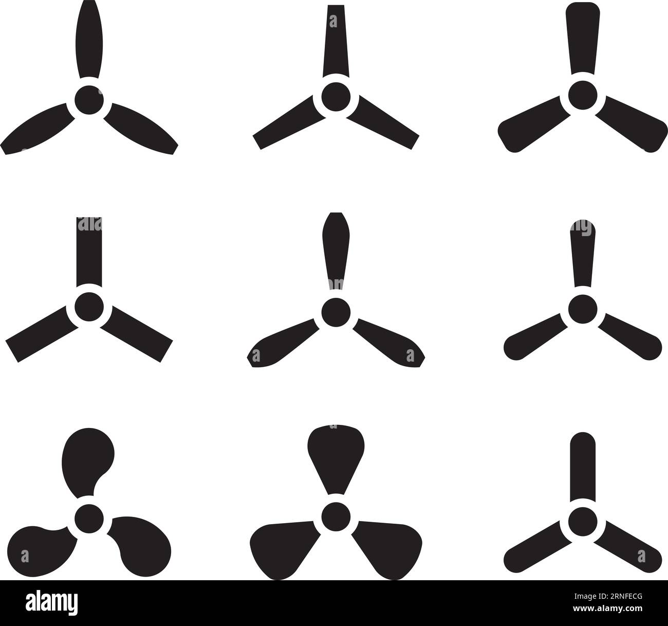 Set di icone delle lame dell'elica. Simboli ventola neri Illustrazione Vettoriale